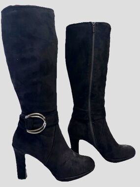 Impo Women's Black Suede Stretch Knee-High Heeled Boots